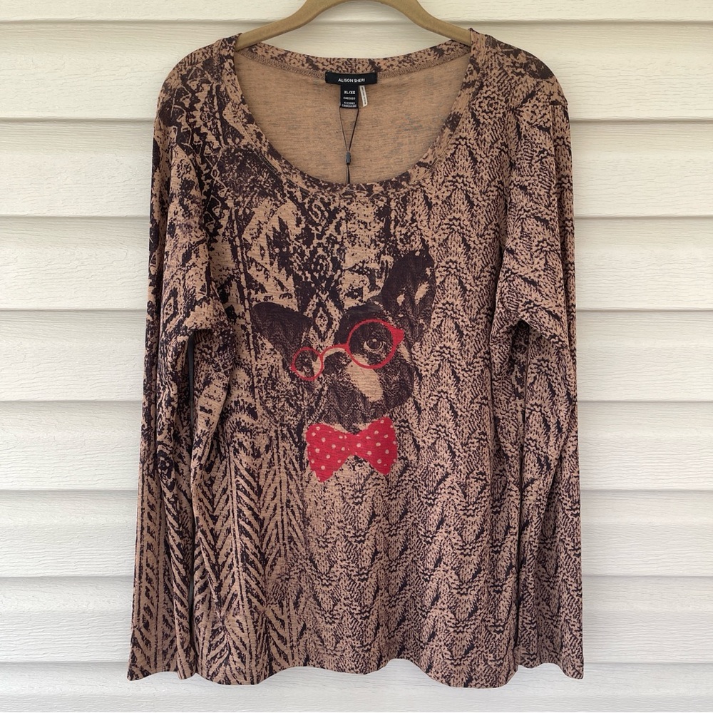 Alison Sheri Womens Brown French Bulldog Frenchie Novelty Print Top Size XL NWT